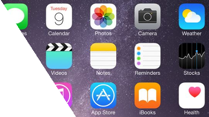 iOS8 with apps icons for Calendar, Photos, Camera, Weather, Videos, Notes, Reminders, Stocks, App store, iBooks and Health