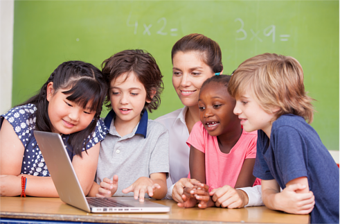 Teacher and four primary school students using a laptop