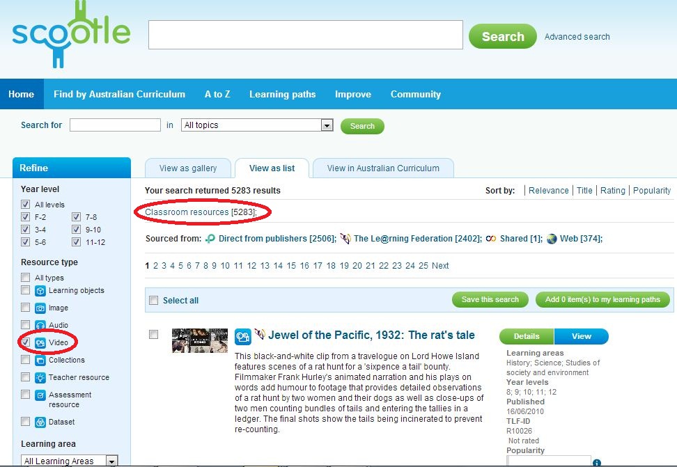 A screenshot of Scootle results page with the number of resources circled.