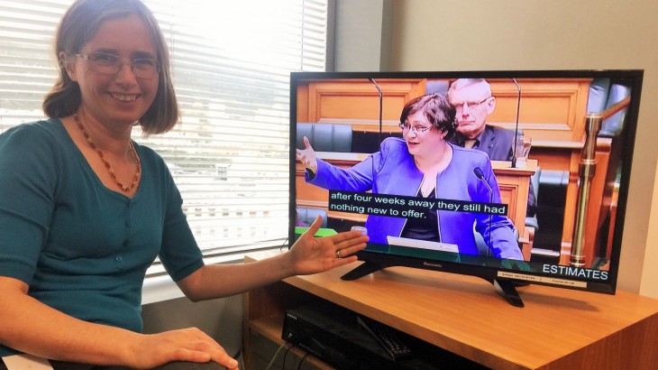 Image of NZ Green Party MP, Mojo Mathers, observing parliament on TV